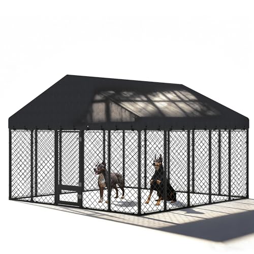 10x10x6.4 FT Large Outdoor Dog Kennel with Roof, Heavy Duty Anti-Rust Metal Dog Enclosure Fence for All Weather Resistant, Secure Double Locks for Large Dogs Outsides