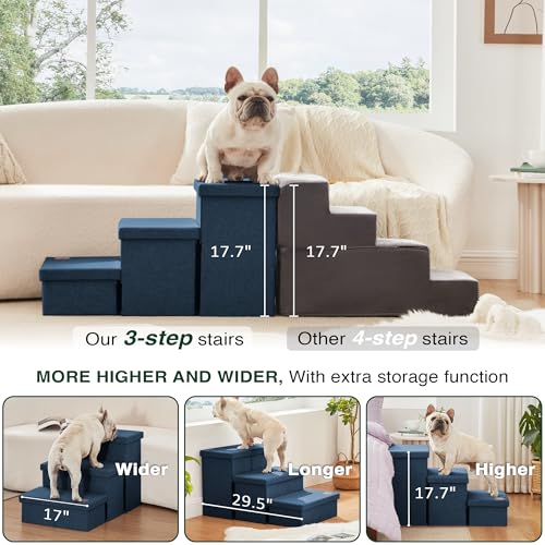 Love's cabin Dog Stairs with Storage, 3 Steps Wider Dog Steps for High Bed 18" H, Foldable Pet Stairs for Small Medium Large Dogs Cats for Bed Couch Car, Ramp with Zip up to 200 lbs, Navy Blue