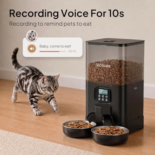 Voluas Automatic Cat Feeder for Two Cats, Double Pet Feeder with 2 Stainless Steel Bowls,6L Timed Cat Feeders with Memory Function