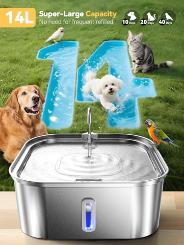 Large Dog Water Fountain 14L/3.7Gal, Stainless Steel Pet Fountain for Large Dogs and Multi-Pets Families, with Visible Window & Extra Wide Drinking Area, Square Design Enlarges Capacity & Saves Space