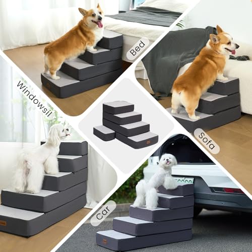 Garnpet 5-Step Adjustable Dog Stairs for High Beds, Dog Steps for Small Dogs and Cats, Foldable Pet Stairs for Bed Climbing, Non-Slip Pet Step Indoor, Grey