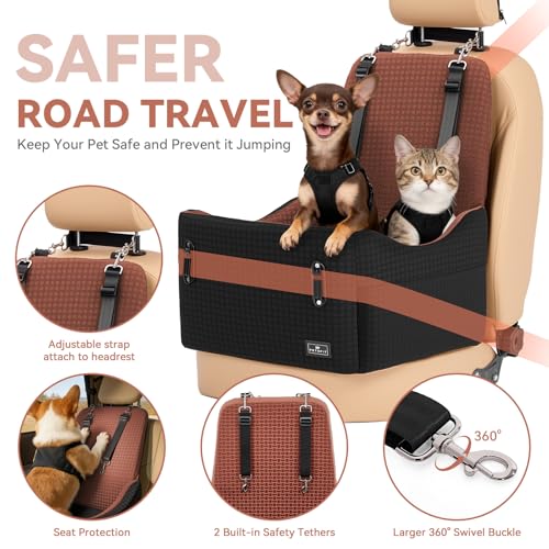 PETSFIT Dog Car Seat for Small/Medium Dogs Up to 35 lbs – Patented Safety System, 5" Memory Foam Pet Booster Car Seat, Fully Detachable and Washable Dog Carseat with 2 Storage Pockets (Black/Brown)