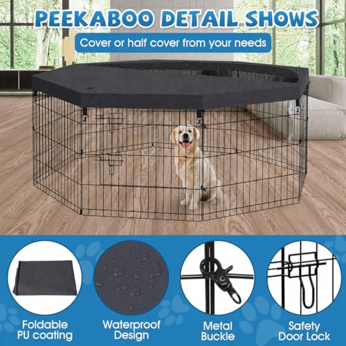 Dog Pen Pet Playpen Dog Fence Indoor Foldable Metal Wire Exercise Puppy Play Yard Pet Enclosure Indoor Outdoor 8 Panels 24 Inch with Bottom Pad/Top Cover (Black with top Cover)