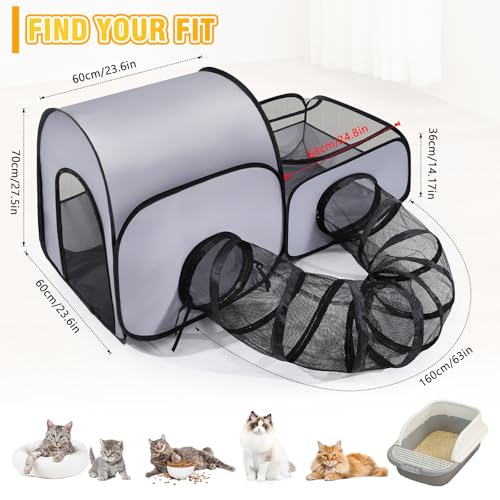 Portable Cat Playpen with Surround Tunnel, 2-Linked-Enclosed Areas, Ideal Cat Tent Outdoor or Cat Playpen for Indoor Cats Enclosed.Breathable Mesh Design for Indoor & Outdoor Use(Grey)