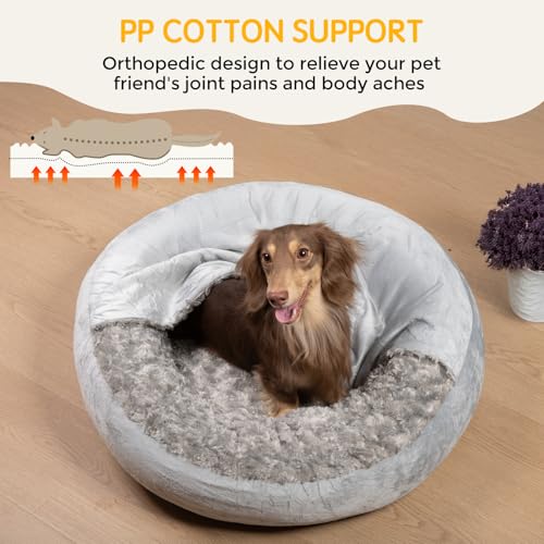 Cave Dog Bed with Blanket Easy to Assemble Donut Round Plush Cozy Cat Pet Bed for Puppy Machine Washable Removable Cover Cat Anti-Slip Bottom Gray 26X26X8 inch