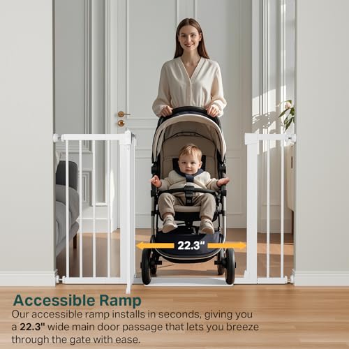 Cumbor 29.7-48" Baby Gate for Stairs, Mom's Choice Awards Winner-Dog Gates for Doorways, Auto Close Safety Pet Gate for Dogs Indoor, Easy Install Pressure Mounted Child Gate with Walk Thru Door, White