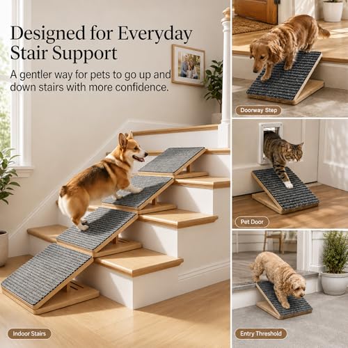 Weathrix 2 Pack Dog Ramp for Stairs - Solid Wood Adjustable & Foldable Pet Ramps, 3 Heights, Non-Slip Silicone Base & Traction Felt, 100lb Capacity, Indoor Stairs & Porch
