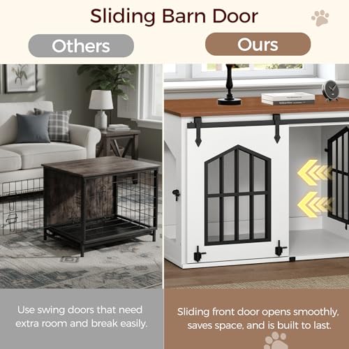 MAHANCRIS Dog Crate Furniture, 31.5" Farmhouse Dog Kennel with Sliding Barn Door, Wooden Dog Cage for Small Medium Dogs, Decorative Pet House Side End Table, Chew-Resistant, White and Walnut DCBA9601