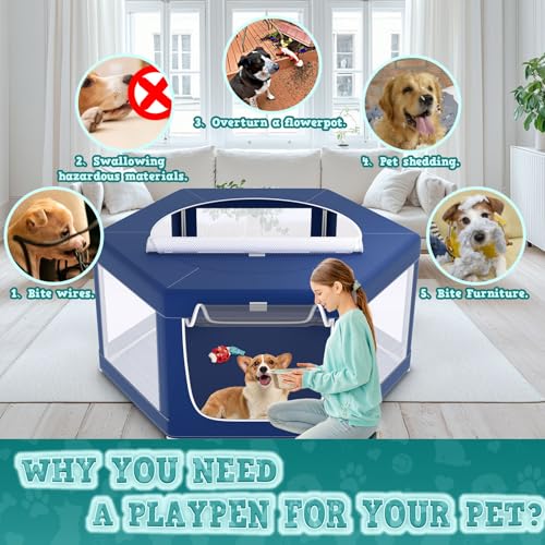 XVISHX 45x45 Inches Hexagonal Type Puppy Playpen, Dog Playpen for Puppies or Small Dogs, DogFence Pet Playpen for Indoor & Outdoor, Sturdy Safety Dog Pen with Thickened Fabric, Breathable Mesh