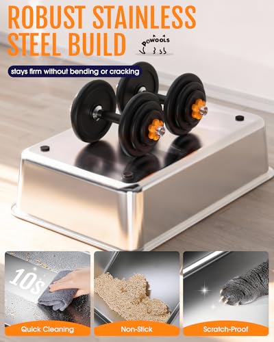 Powools Cat Litter Box - Stainless Steel Litter Box with Lid for Kitty, Metal Base Enclosed Cat Box with Litter Scoop, Elevated Step Box, Activated-Carbon Pack, 17.1" x 13.2" x 15", Grey