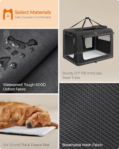 Feandrea 48 Inches Collapsible Soft Dog Crate, Portable Travel Dog Crate for Indoor and Outdoor Use, Dog Carrier Kennel with Safety Zippers, for Living Room, Car, Travelling, Camping, Black UPDC12H