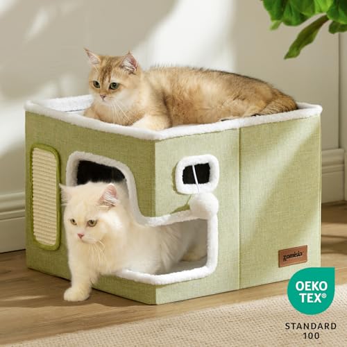 ZOMISIA Cat Beds for Indoor Cats - Large Cat House for Pet with Fluffy Ball Hanging and Scratch Pad, Foldable Cat Hideaway,16.5x16.5x13 inches, Grey