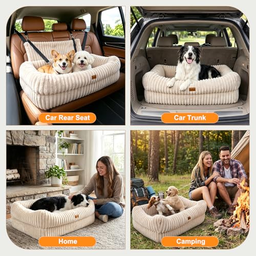 Pawaboo Dog Car Seat, Dog Booster Car Seats with Memory Foam, Thickened Cushion & Washable Removable Cover, Pet Travel Carseat Bed with Safety Leashes for Medium/Large Dogs or 2 Small Dogs, Beige