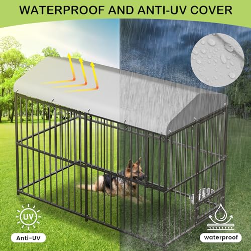 8x4x6FT Large Outdoor Dog Kennel, Heavy Duty Dog Cage with Waterproof Roof & Bowls, Dog Enclosure for Medium & Large Dogs