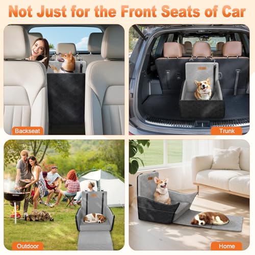 Tivray Elevated Dog Car Seat, Dog Booster Car Seats for Small & Medium Breeds Up to 35lbs, Fully Detachable and Washable, Soft Foam Pet Carseat with 2 Storage Pockets & 3 Safety Belts, Black & Gray