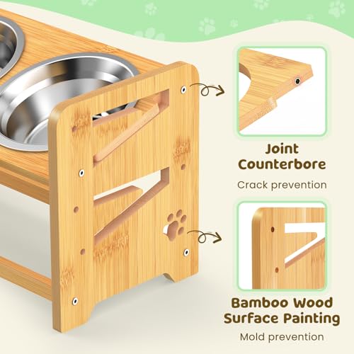 CozyLazy Elevated Dog Bowls, Adjustable Raised Dog Bowl Stand for Medium and Small Dog, 11" High Bamboo Pet Food Feeder with 2 Stainless Steel Dishes（4 Heights）