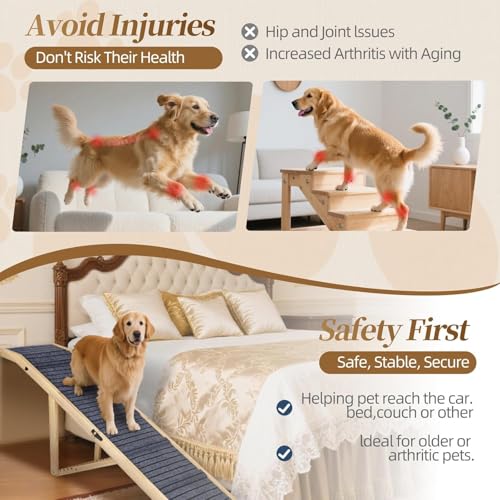FurnPulse Extra Large Dog Ramp 63‘’L for High Bed, Couch & SUV – 200 Lb Heavy Duty Solid Wood Pet Ramp, 6 Adjustable Height – Portable Stable Non-Slip Steps for Medium to XL Dogs