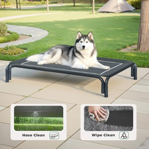 Elevated Dog Bed Raised Outdoor Dog Cot for Large Dogs, Installation Requires No Tools, Frame with Washable Cooling Breathable Mesh Anti-Slip Feet, Indoor Pet Bed, Black, 43.3 Inches