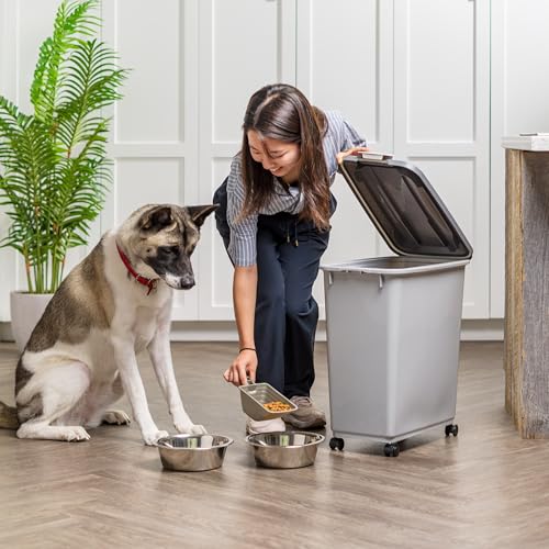 IRIS USA Dog Food Storage Container with Wheels, Airtight Lid, 2-Cup Scoop, Up to 40 Pounds Pet Food Storage, Built in Scoop Storage in Lid, Versatile Pet Food Bin, Portable, BPA Free, Gray/Dark Gray