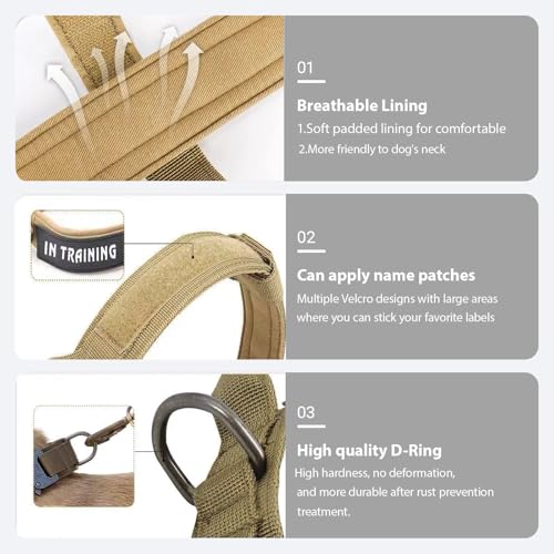 Xqpetlihai Tactical Dog Collar Adjustable Military Nylon Dog Collar with Control Handle and Heavy Duty Metal Buckle for Medium and Large Dogs (Brown,L)