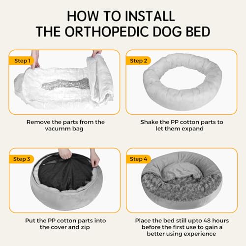 Cave Dog Bed with Blanket Easy to Assemble Donut Round Plush Cozy Cat Pet Bed for Puppy Machine Washable Removable Cover Cat Anti-Slip Bottom Gray 26X26X8 inch