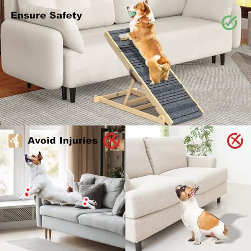 TIMHAKA Dog Ramp for Bed, 40 Inch Dog Ramp for Couch, Supports Up to 150lbs, with 10.2" to 26.8" 7 Height Setting, Non Slip Carpet Surface and Foot Pads, Wooden Folding Pet Ramps for High Bed, Sofa