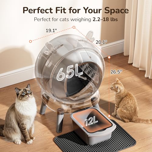 FurryKiddy Automatic Self Cleaning Litter Box, Cat Litter Box with APP Control, 65L Globe & Dual Safety Sensors, Robot Litter Box, 1 Roll Garbage Bags and Litter Mat, <35DB, for Multiple Cats, Grey