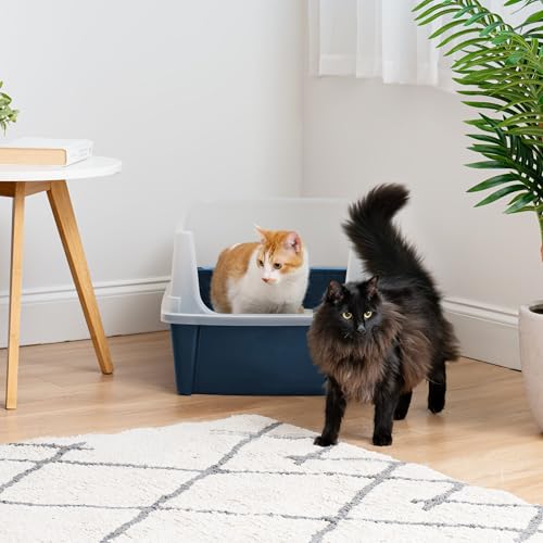 IRIS USA Cat Litter Box XX-Large Open Top with High Sided Walls Tall Scatter Shield Scoop Included Easy Clean Plastic Pan for Big Cats Kittens Multi-Cat Households 30"L x 20"W x 14"H Navy