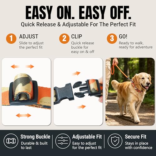 JC HOUSE Soft Padded Dog Collar, Neck 12’’-20’’, Adjustable Heavy Duty Collar with 3M Reflective Logo for Medium, Large Dogs, Camo Orange, M