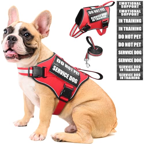 MOOGROU Service Dog Vest Harness and Leash Set+10 Patches,No Pull&Adjustable Reflective Dog Harness with Soft Padded Handle for Training/Everyday,Fit Small/Medium/Large/Extra-Large Dogs(Red M)