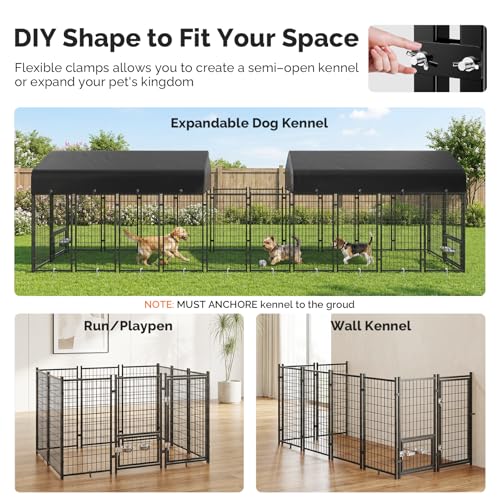 Sino Luban Dog Kennel Outdoor, 8x4x6FT Large Outside Dog Kennel with Roof, Heavy Duty Outdoor Kennel Dog Run Enclosure with 2 Rotating Bowls & Secure Lock for Large Dogs