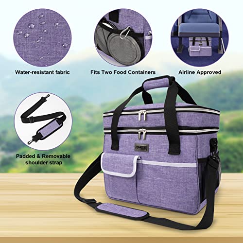 BAGLHER Dog Travel Bag for Supplies - Double-Layer Airline Approved Weekend Pet Travel Organizer Set for Dog and Cat Tote with 2 Pet Food Containers and 2 Collapsible Silicone Bowls Purple