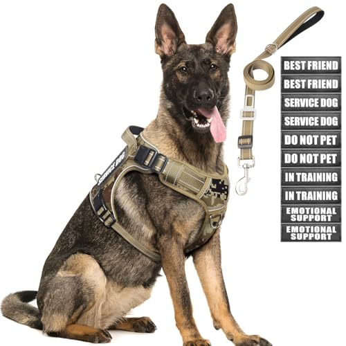 MOOGROU Tactical Dog Harness and Leash Set for Large Dogs,Heavy Duty No Pull Service Dog Vest and 10 Patches with Dog Seat Belt,Reflective Adjustable Pet Harness for Training Walking Hiking Camo L