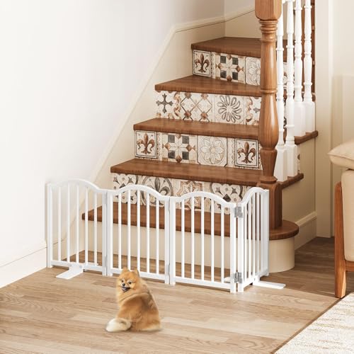 Snughome Short Dog Gate Indoor, 16" High Freestanding Small Dog Door Gates with Support Feet, Expands Up to 48’’ Wide Foldable Pet Gate for Doorway, 4 Panel Folding Pet Door Pet Fence for Puppy, White