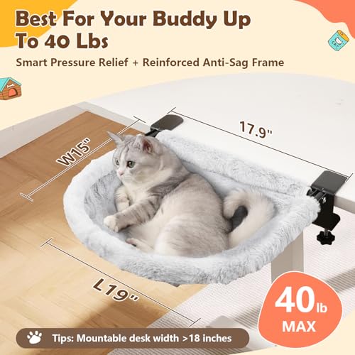 JinxZap X-Large Cat Desk Bed | 19"x15" Spacious Retreat, Dual Clamps & Sunken Hammock Design, Comfy Cat Desk Hammock with Faux Rabbit Fur Cover, Removable & Washable, Holds Up to 40lbs