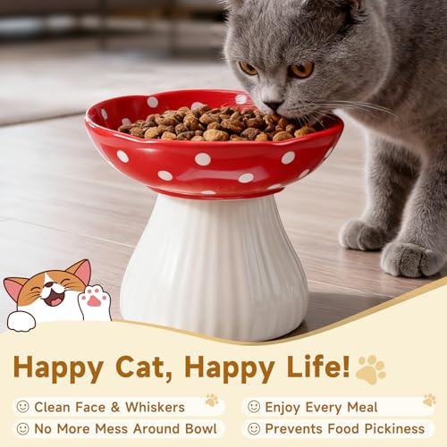 Mushroom Cat Bowl,Whisker Fatigue Cat Bowl,Cute Cat Bowls,Elevated Cat Food Bowl, Lead & Cadmium Free Ceramic Cat Bowls for Food and Water. (Red+Yellow)