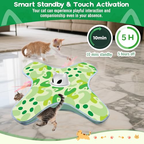 VIWIK Interactive Cat Toys for Indoor Cats, Hide and Seek Moving Feather Toy for Bored Adult Cats with Suction Cup & Cover, Automatic Kitten Wand Toy, Cat Enrichment Toys for All Breeds Green