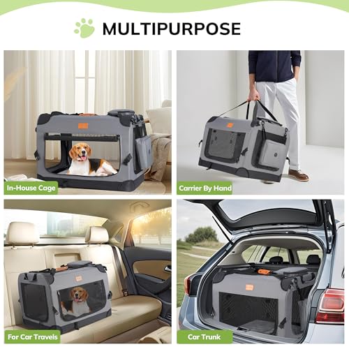 Morpilot 24-inch Portable Collapsible Dog Crate: Travel Dog Crate Soft-Sided for Small Dogs up to 27lbs, with Foldable Bowl, Shoulder Strap & Storage Pockets, Grey