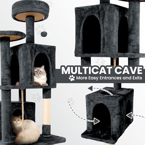 TSCOMON 58.5inch Large Cat Tree Tower Condo for Indoor Cats, Soft Plush Multi-Level Climbing Tree Cat House with 1 360° Rotating Cat Cave, Scratching Post, More Entrance/Exit, Sisal Rope, Grey Black