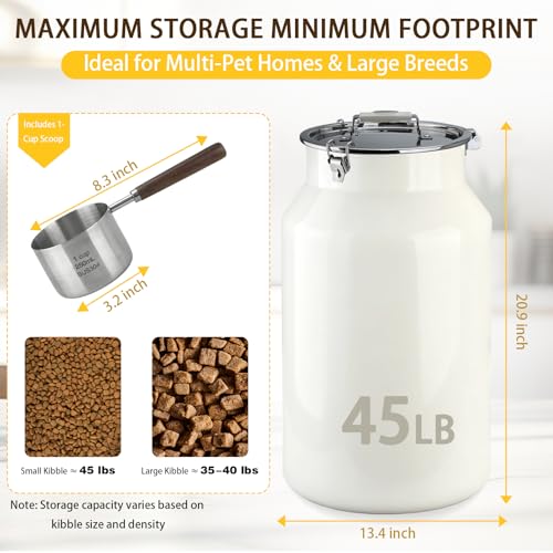 Aloxina Dog-Cat Food Storage Container 45 lb/48 Qt, Large Stainless Steel Pet Food Bin with Airtight Lid & Scoop Included, Durable 304 Metal Storage for Dogs & Cats