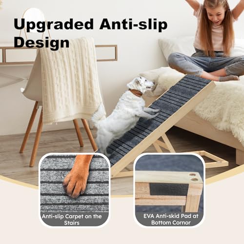 TIMHAKA Dog Ramp for Bed, 40 Inch Dog Ramp for Couch, Supports Up to 150lbs, with 10.2" to 26.8" 7 Height Setting, Non Slip Carpet Surface and Foot Pads, Wooden Folding Pet Ramps for High Bed, Sofa