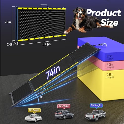 74'' L & 20'' W Longest Dog Ramp for Car - Extra Wide Portable Pet Dog Ramps for Large Dogs, Dogs Cars Ramp for Car SUV/Truck/RV/Bed, Lightweight Ramps with Non-Slip Mesh Up to 250LBS, Black