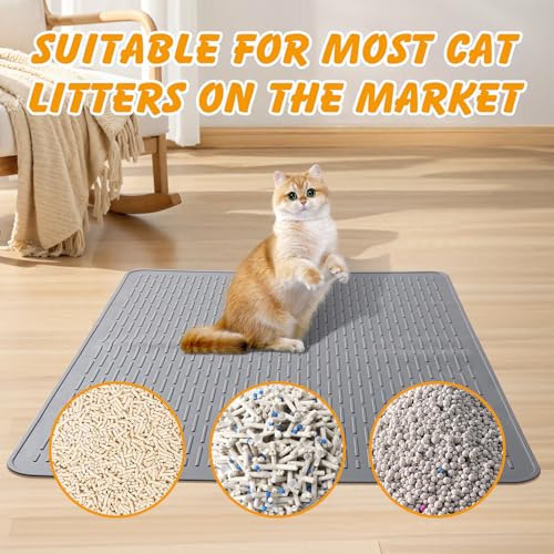 Silicone Cat Litter Mat, 28x20 in Waterproof Litter Box Mat Cats Feeding Mats with Raised Edges, Quick Clean Desig (Grey)