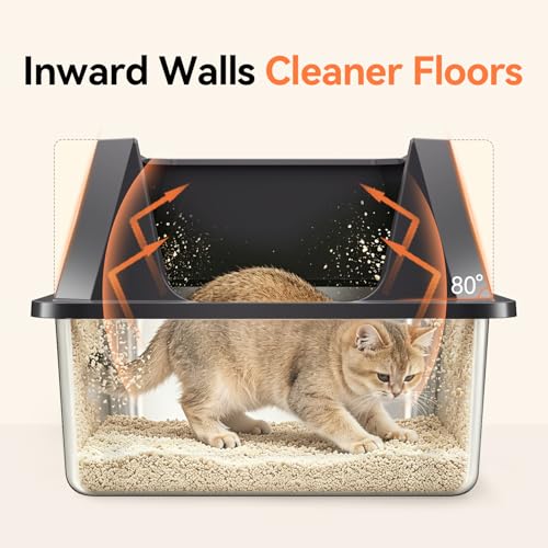 TEVILA Stainless Steel Litter Box with High Sides, XL High Sided Cat Litter Pan, Open Top Extra Large Metal Cat Litter Box, Non-Stick, Odor Free, Leakproof, Scoop Included, Gray