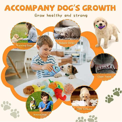 QTwoof Cheerful 20-Pack Squeaky Dog Toys Set - Included 4 Dog Bags, Plush Puppy Toys with Irresistibly Cute Characters for Small Dogs, Interactive Dog Squeak Toys for Fun&Teeth Cleaning