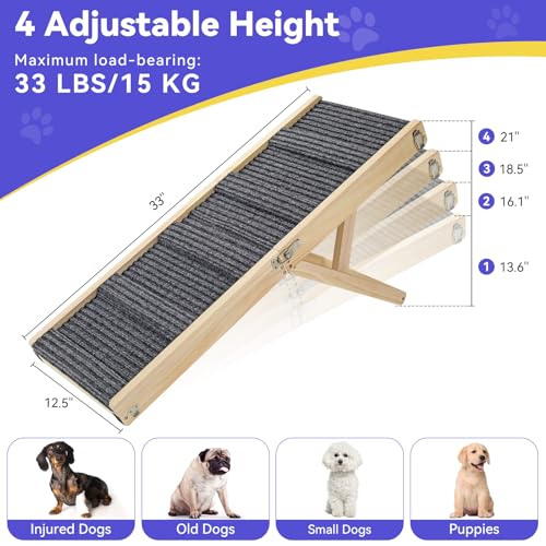2026 Upgraded Dog Ramp for Couch, Foldable Small Dog Ramp for Sofa, 4 Adjustable Height from 13'' to 21", Portable Stable Pet Steps with Non-Slip Pad, Pet Ramps Use for Sofa Couch Stairs