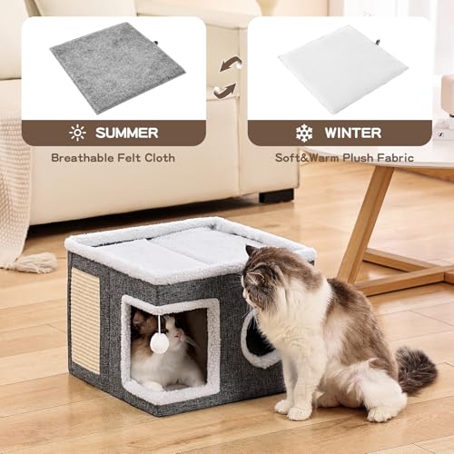 Crispedia Cat Beds for Indoor Cats, Large Cat Cave with Fluffy Ball and Scratch Pad, Foldable Cat Scratch House with Hideaway Condo for Kitten,16x16x13inch,Grey