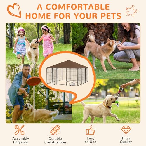 PawHut Outside Dog Kennel, 7' x 7' x 5' Puppy Play Pen with Canopy, Garden Playpen Fence Crate Enclosure Cage Rotating Bowl, for Dogs, Chickens, Ducks, Black