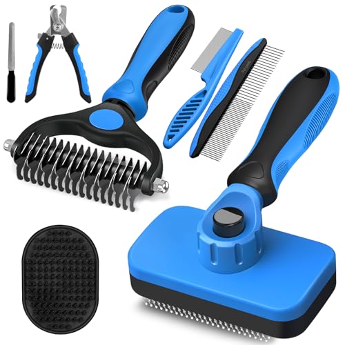 Augwind 7 in 1 Pet Grooming Kit - Dog&Cat Comb, Deshedding Brush, Nail Clipper with File, Bath Brush - Premium Pet Supplies (Blue)