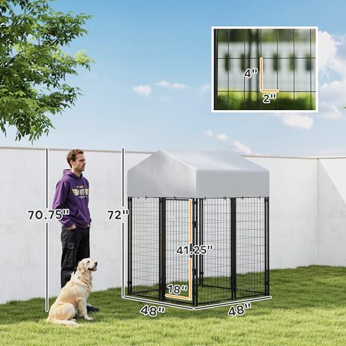 PawHut Outdoor Dog Kennel with Roof, 4' x 4' x 6' Heavy Duty Welded Wire Dog Playpen Enclosure with Escape-Proof Lock, UV-Resistant & Waterproof Cover, for Medium Dogs, Chickens, Ducks, Silver